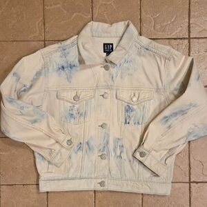 Gap Cream And Blue Tie Dye Cropped Denim Jacket